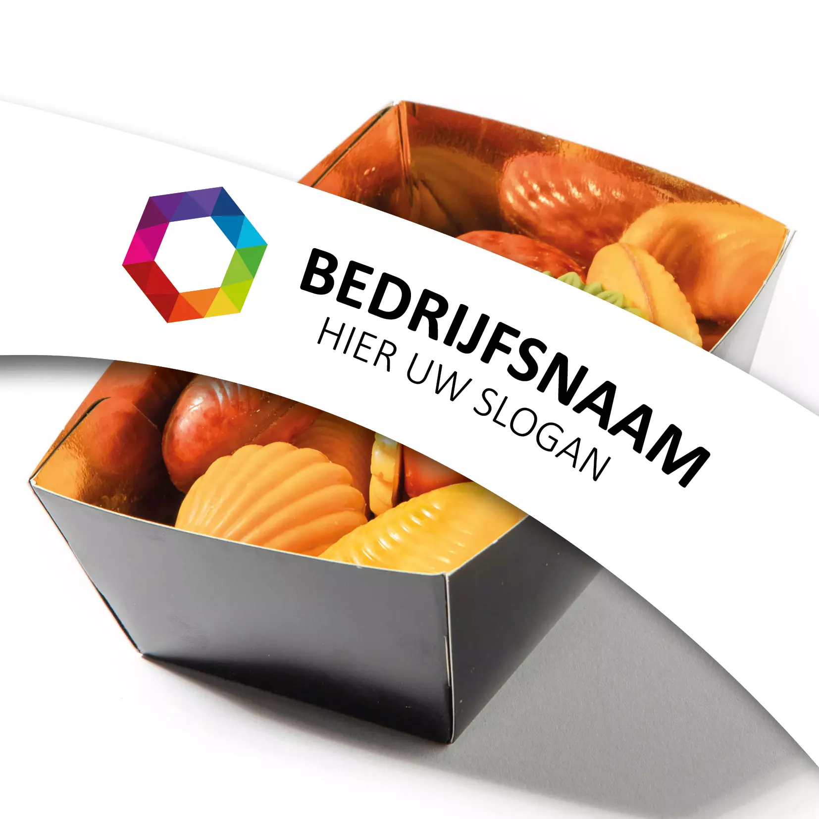 Chocolade bakje 175 gram, flowpack bakje chocolade, schelpen, bloemen, chocoladebloemen, chocolade met een logo