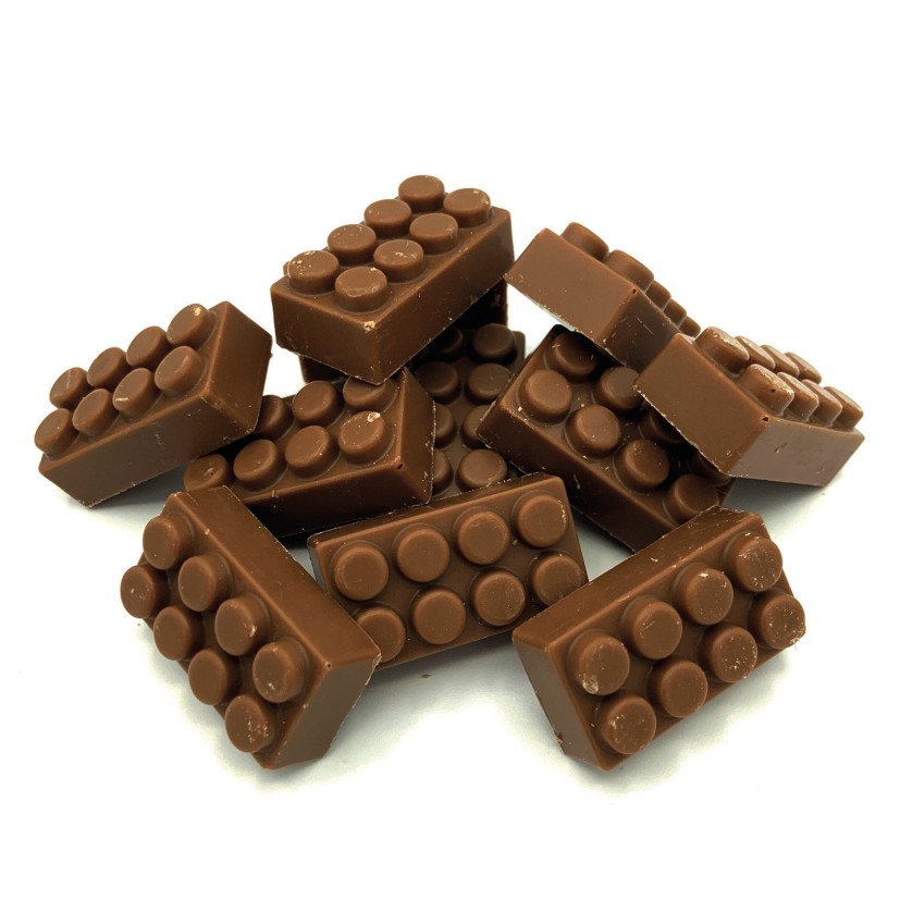 Doosje met 18 chocolade bouwblokjes inclusief banderol