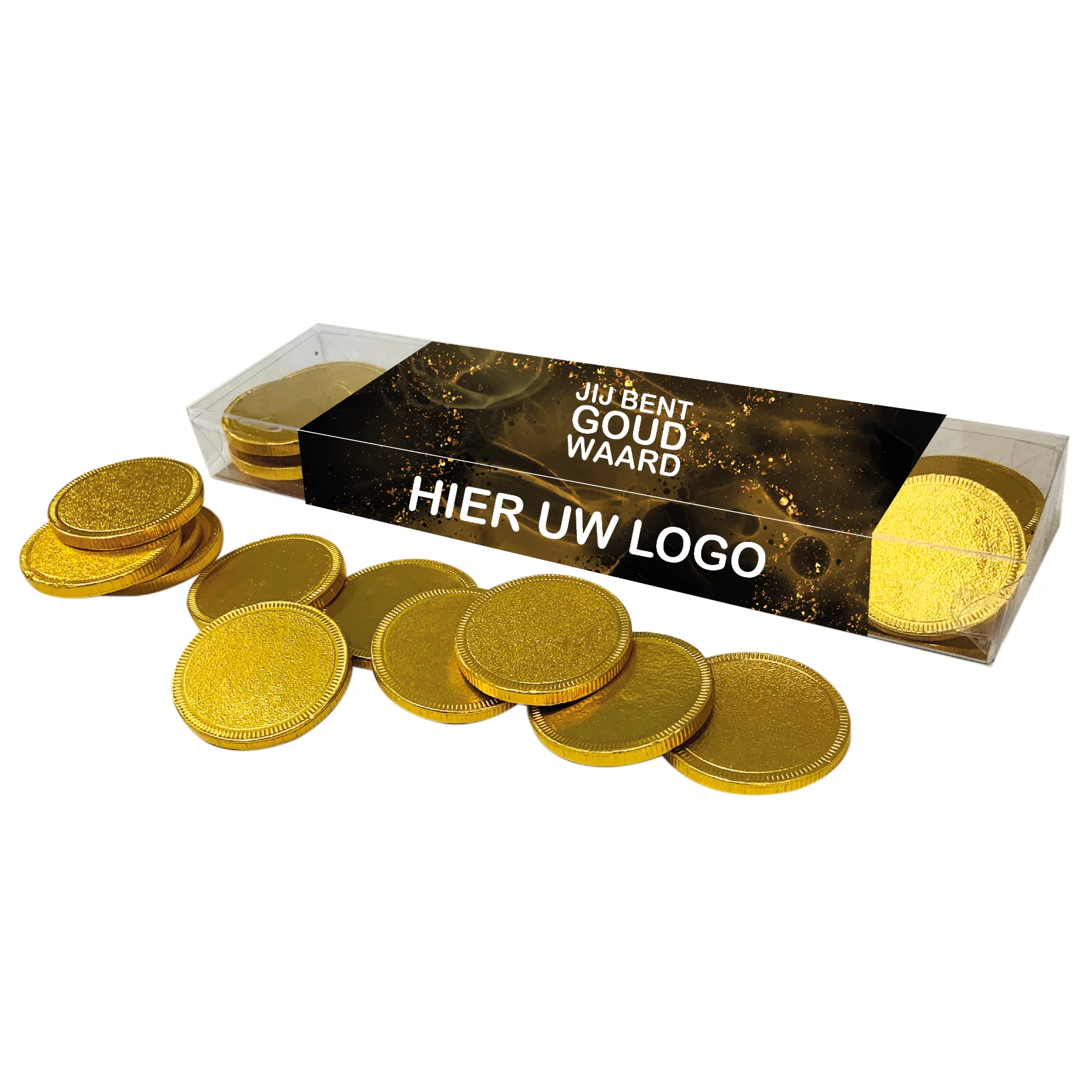 Doosje met 25 chocolade gouden munten inclusief banderol