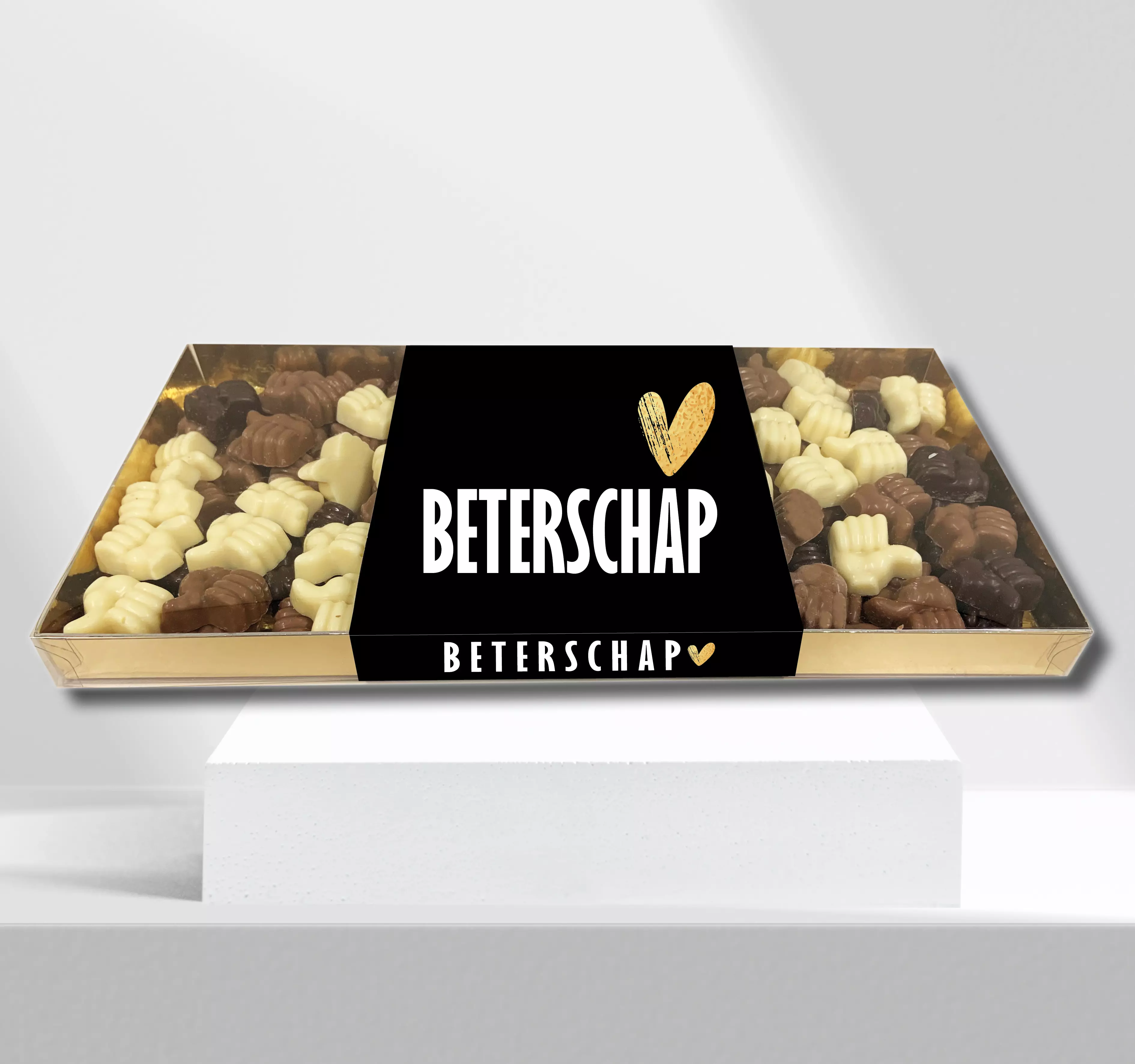 Geschenkdoos met 1 kilo (1000 gram) chocolade & eigen banderol 1 kilo chocolade duimpjes
