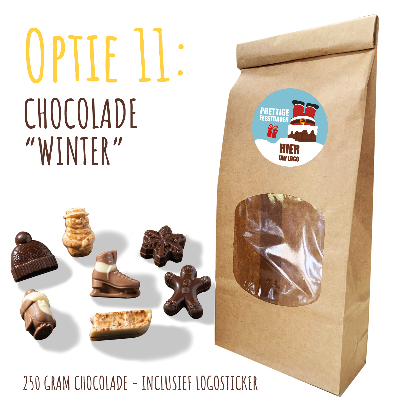 BIO Duurzaam Kraft "Vulzakje" met 250 gram chocolade - Inclusief logosticker Winter chocolade
