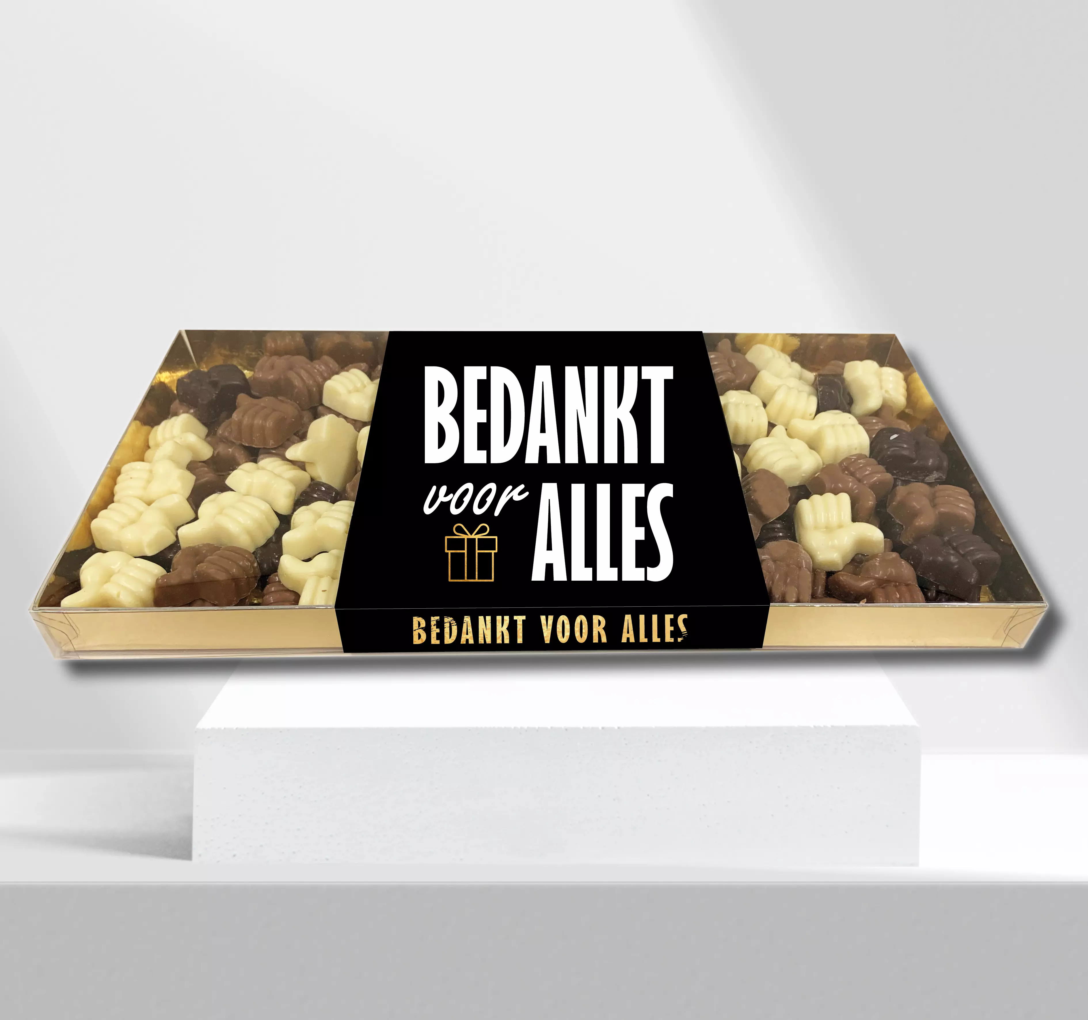 Geschenkdoos met 1 kilo (1000 gram) chocolade & eigen banderol 1 kilo chocolade duimpjes