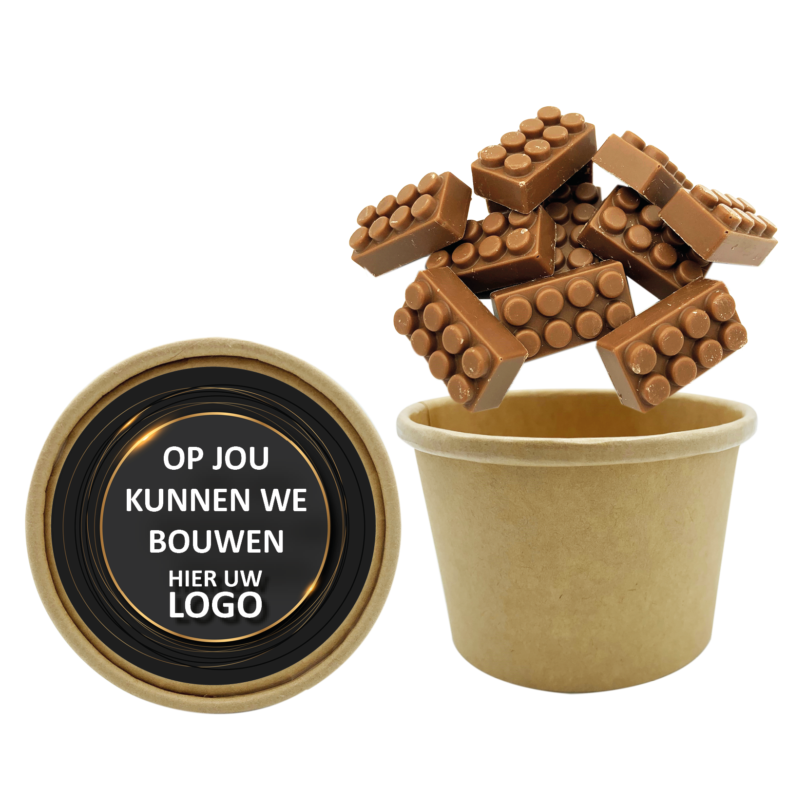 biobeker chocolade bouwblokjes, chocolade met een logo, legoblokje