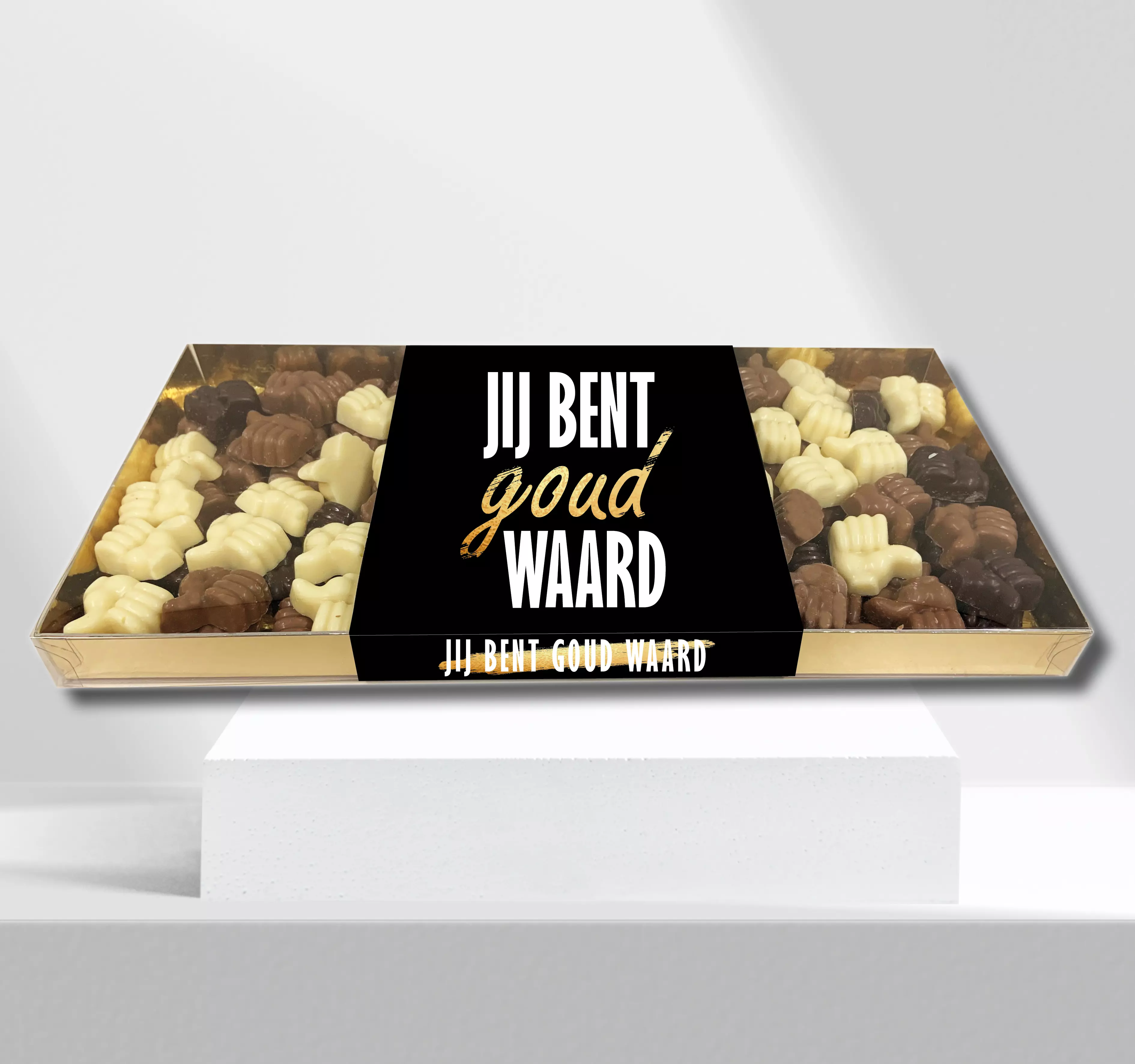 Geschenkdoos met 1 kilo (1000 gram) chocolade & eigen banderol 1 kilo chocolade duimpjes