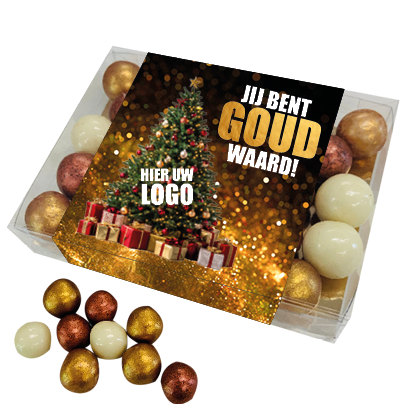 KERST Geschenkdoosje met gekleurde chocolade kerstballetjes - inclusief banderol 