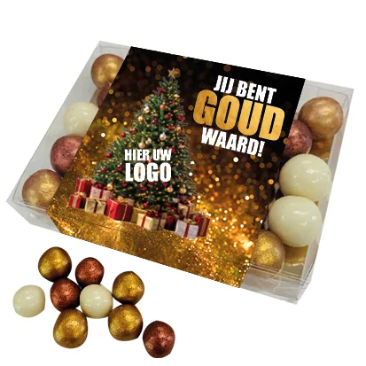 KERST Geschenkdoosje met gekleurde chocolade kerstballetjes - inclusief banderol 
