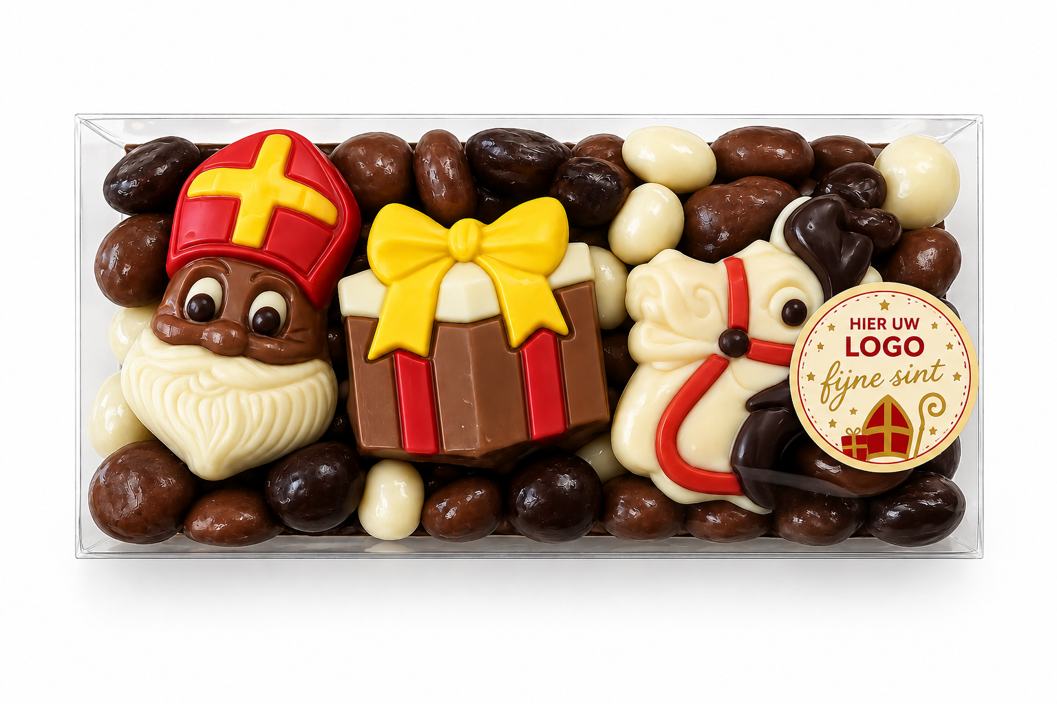 Geschenkdoosje met 150 gram LUXE chocolade pepernoten + 3 sinterklaas chocolaatjes - inclusief gepersonaliseerde sticker