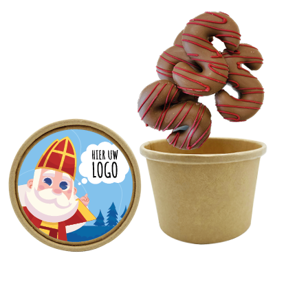 Bio Snoepbeker met mini [S] sint praliné bonbon lettertjes - inclusief dekselsticker