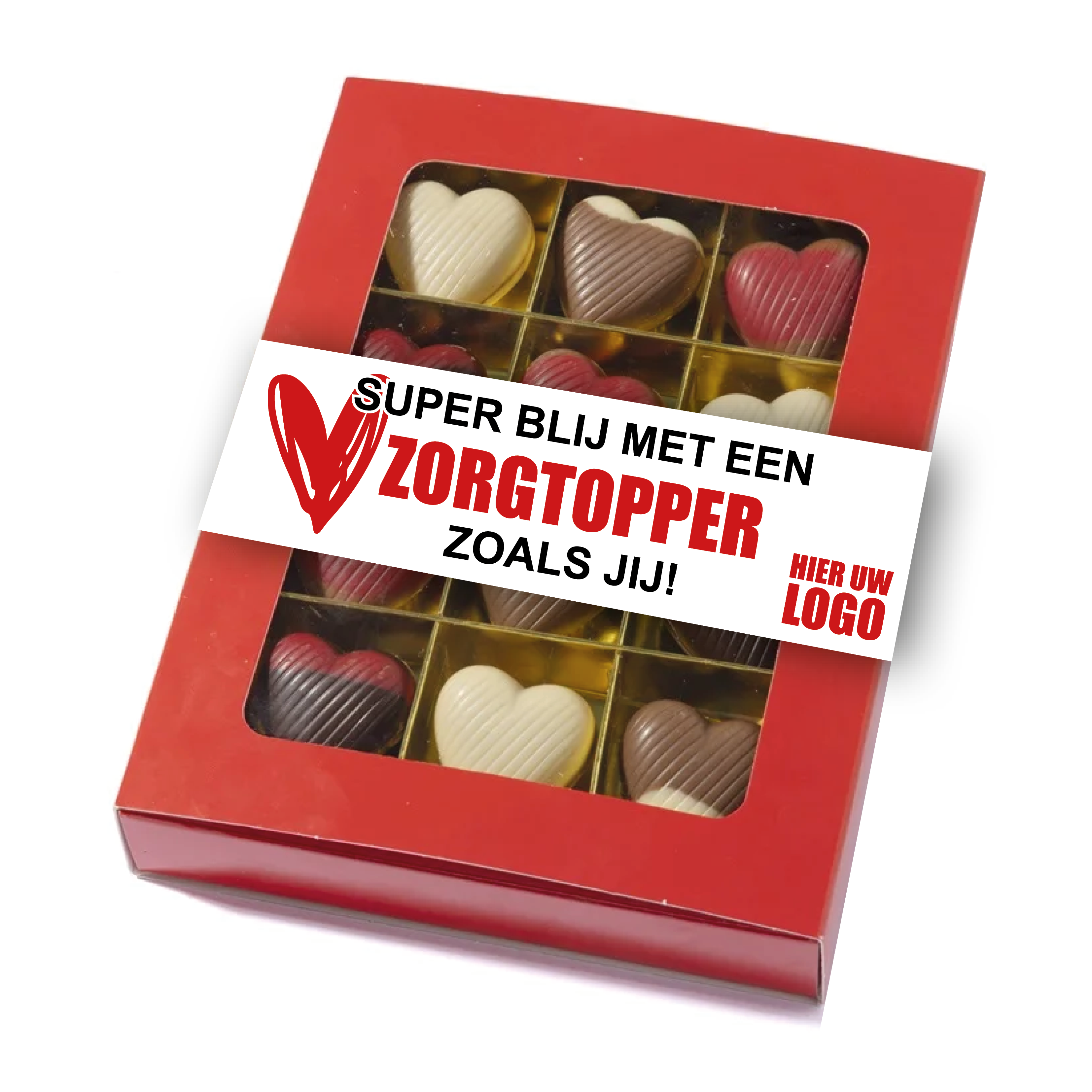 Geschenkdoosje met 12 chocolade hartjes + eigen banderol