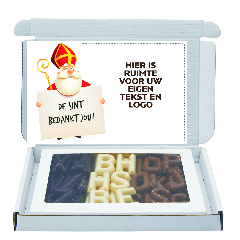 Verzenddoosje met 250 gram Sint chocolade en kaart