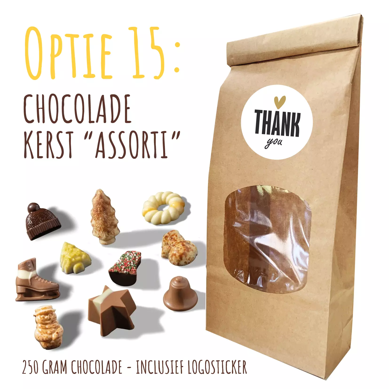 BIO Duurzaam Kraft "Vulzakje" met 250 gram chocolade - Inclusief logosticker Chocolade kerst assortiment
