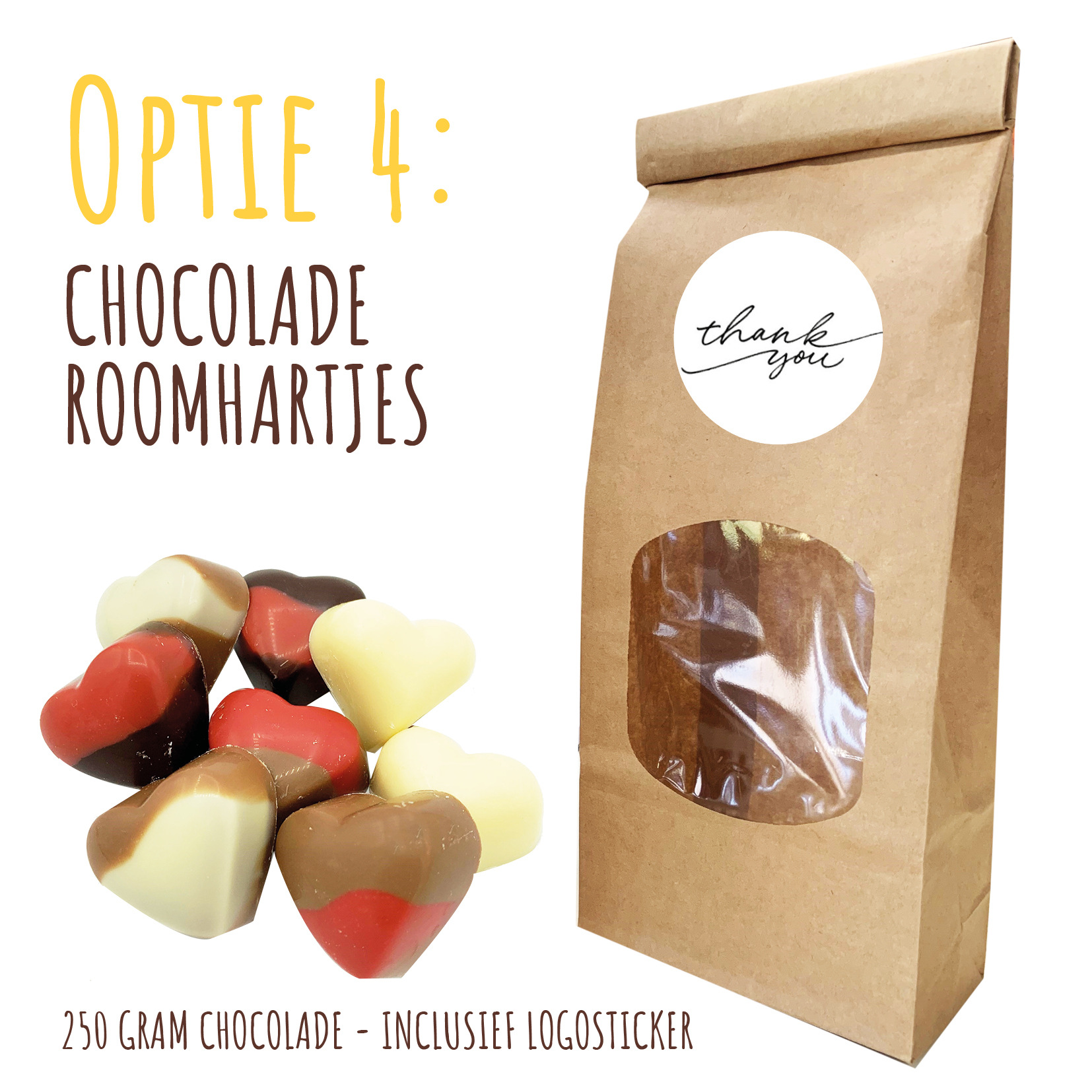 BIO Duurzaam Kraft "Vulzakje" met 250 gram chocolade - Inclusief logosticker chocolade hartjes, roomhartjes