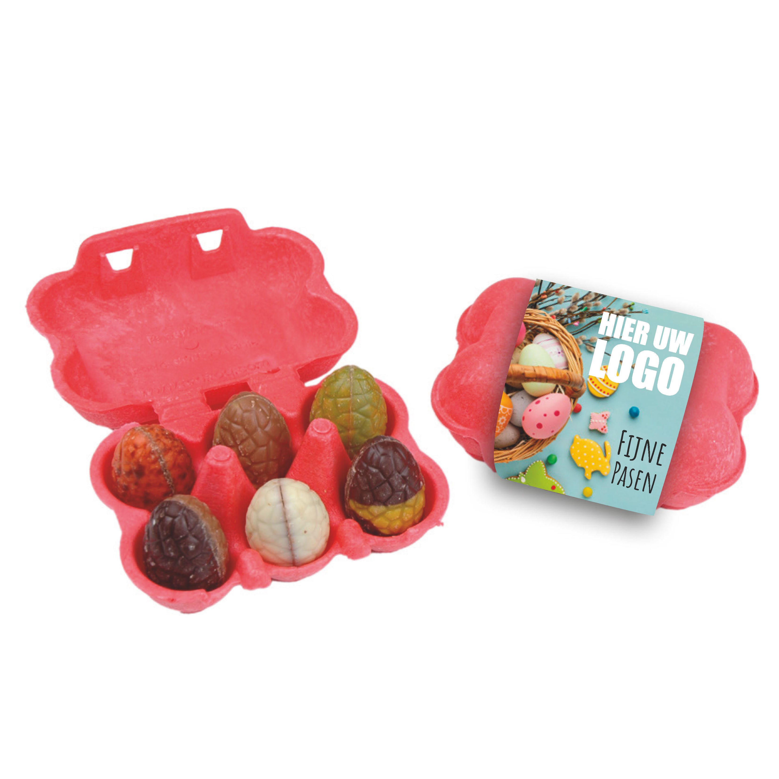 Paas chocolade, paas eieren, praline, paas chocolade met een logo, Pasen, biologosch afbreekbaar eierdoosje