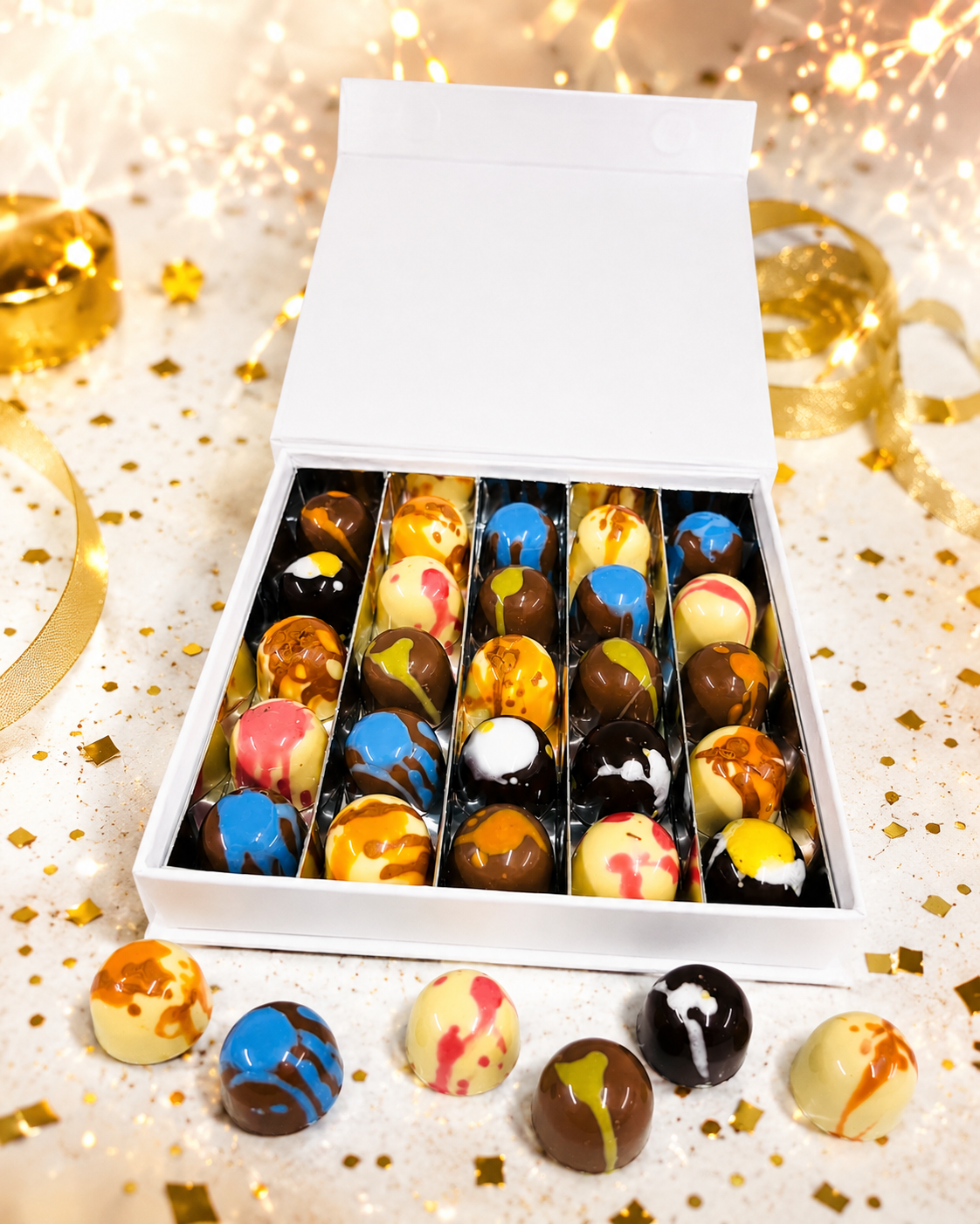 Luxe magneetdoos gevuld met overheerlijke "smaakmakers" bonbons - inclusief banderol