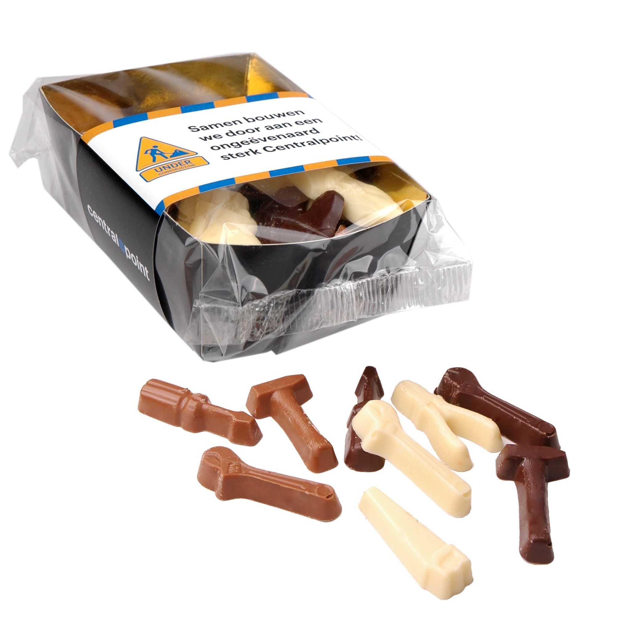 Bakje gereedschap chocolade met een logo