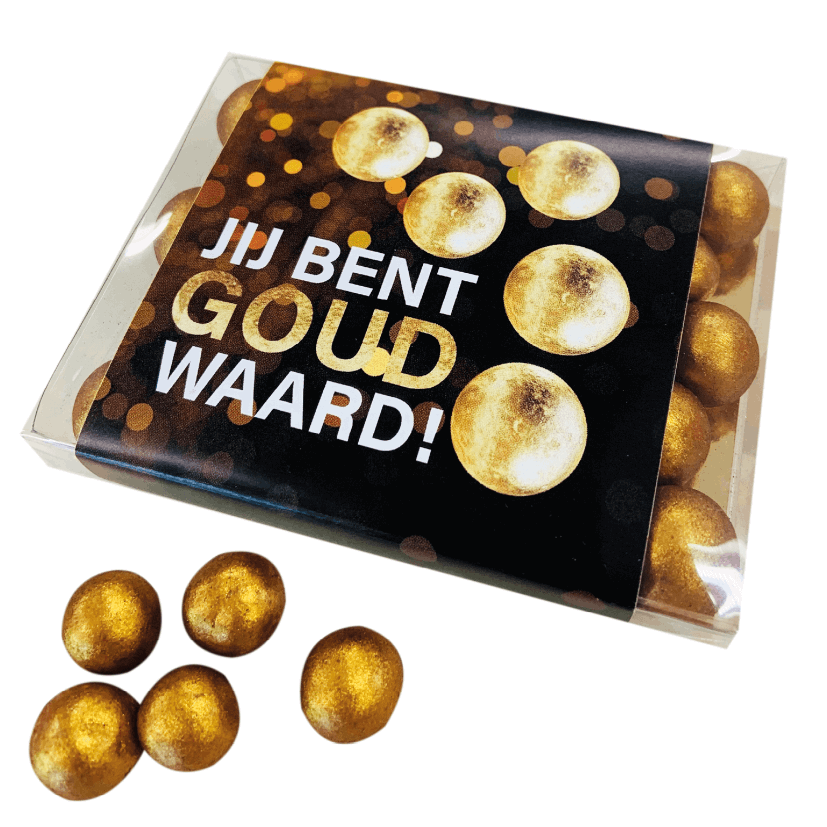Geschenkdoosje met gouden chocolade crispy parels - inclusief banderol