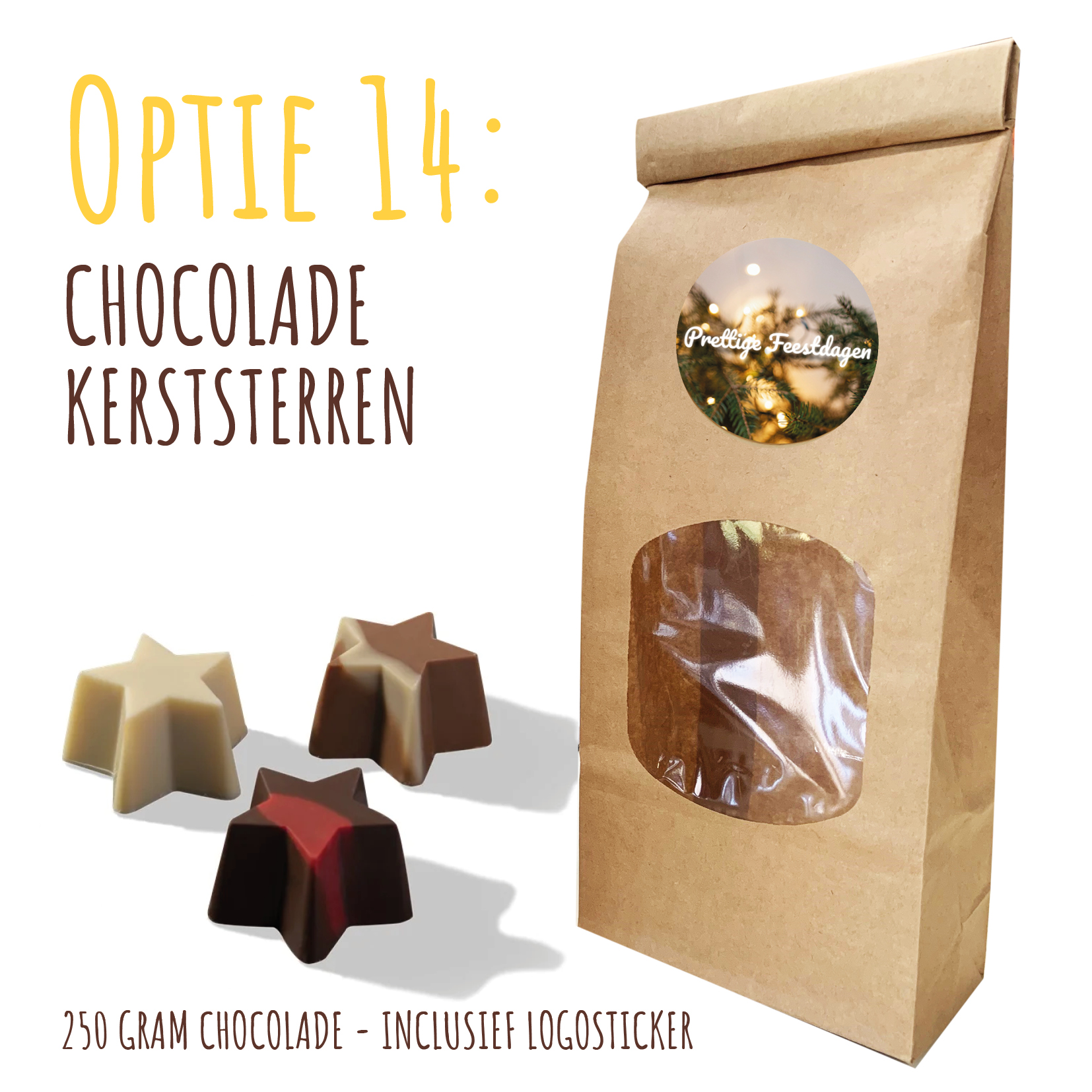 BIO Duurzaam Kraft "Vulzakje" met 250 gram chocolade - Inclusief logosticker chocolade kerststerren