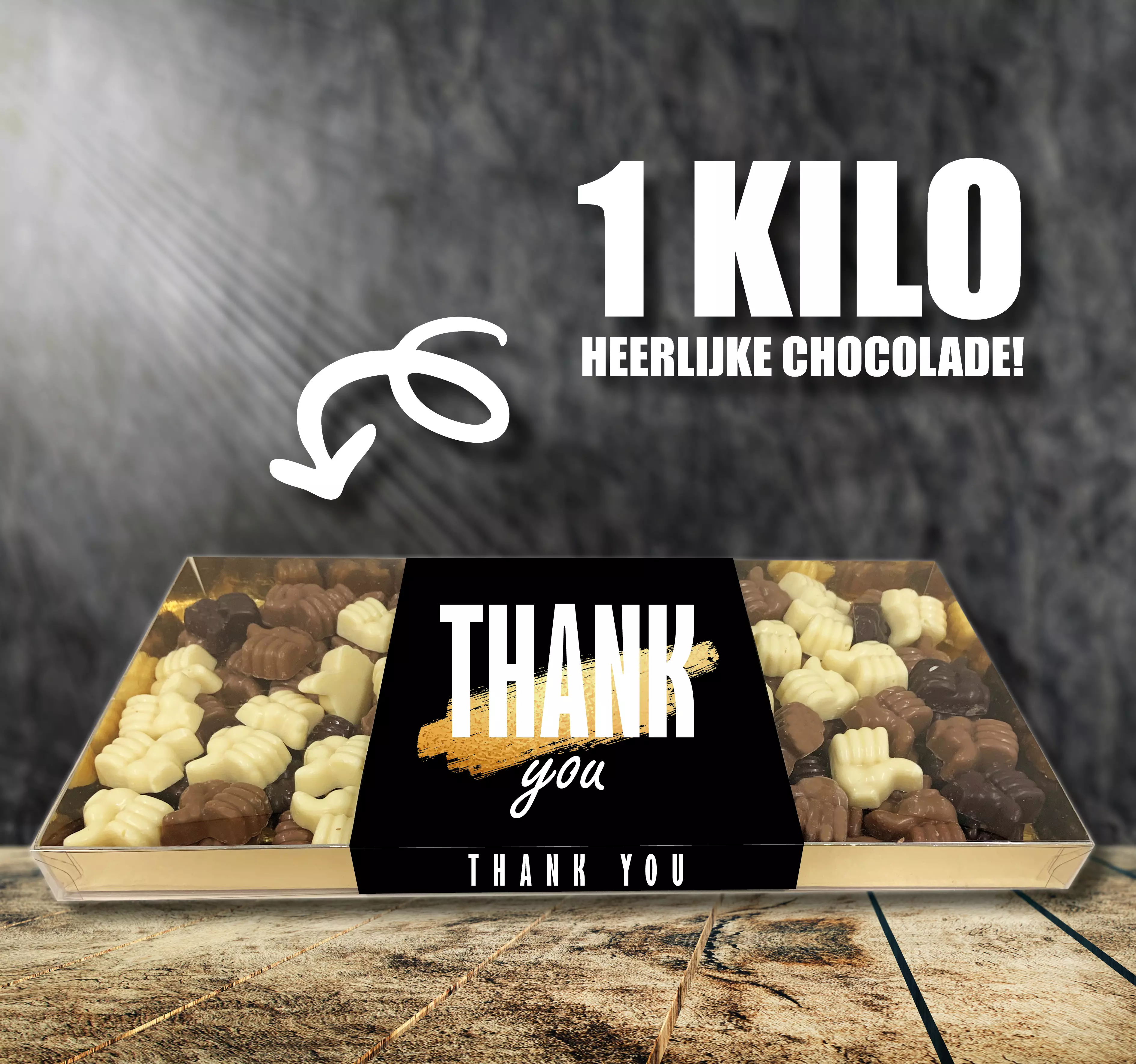 Geschenkdoos met 1 kilo (1000 gram) chocolade & eigen banderol 1 kilo chocolade duimpjes